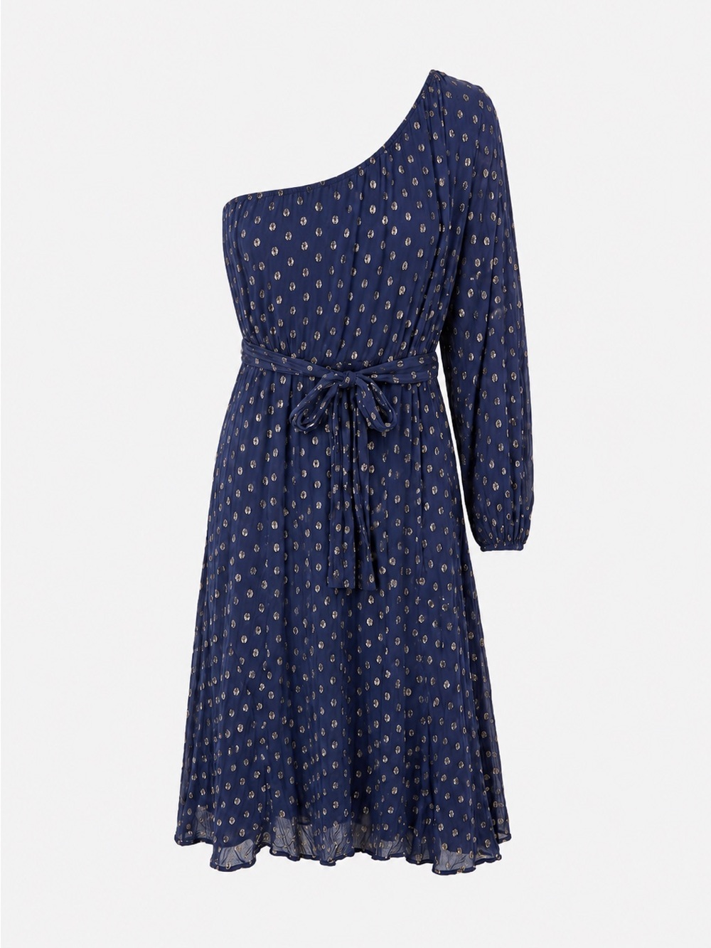 Arula navy metallic polka dot one shoulder midi dress, size A, 1X